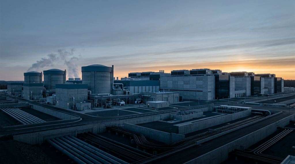 A cluster of Small Modular Reactors adjacent a vast data center